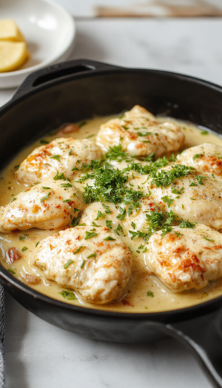 A sizzling skillet of creamy chicken topped with herbs, served on a rustic wooden table with side vegetables.