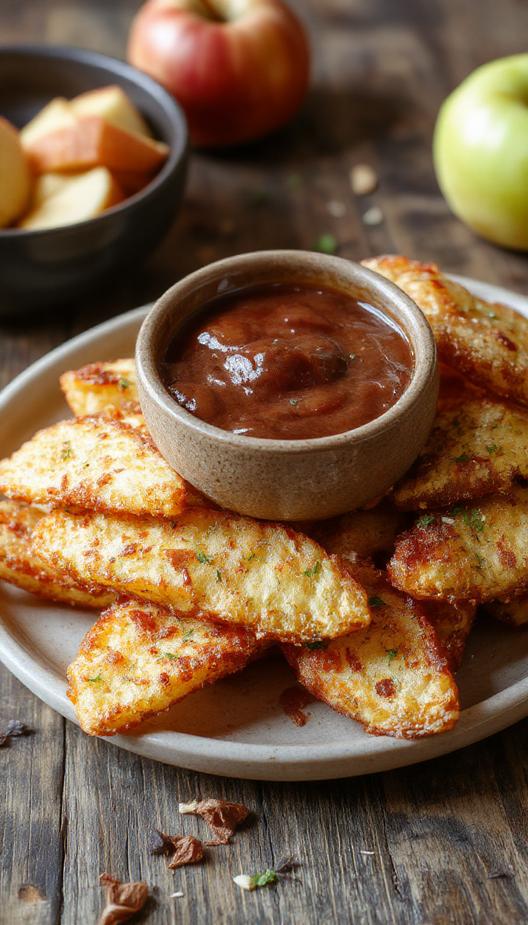 Golden crispy air-fried apple fries served on a white plate with cinnamon dusting and a dipping sauce
