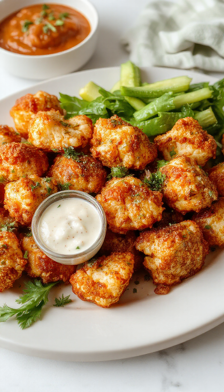 Crispy air-fried buffalo cauliflower bites served on a platter with dipping sauce, garnished with chopped green onions.