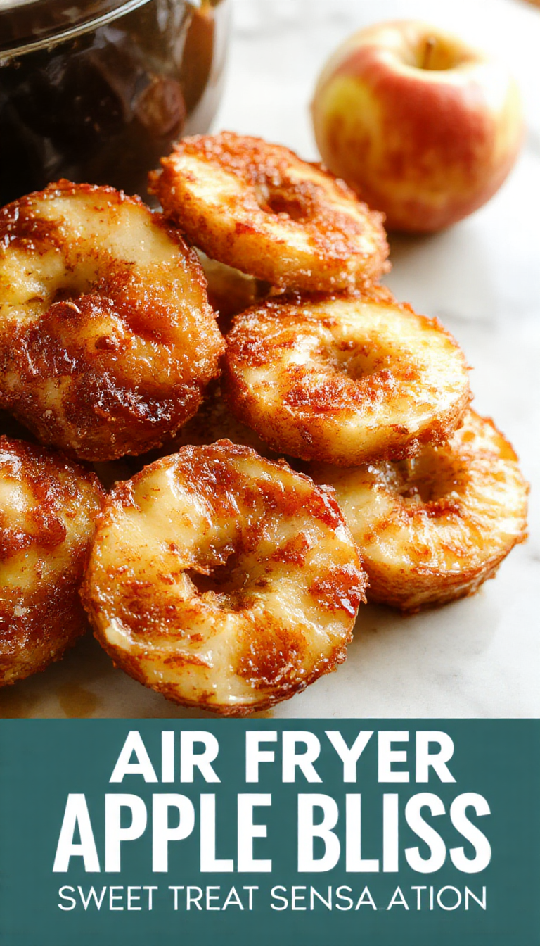 Golden crispy air fryer apple bliss dessert with caramel drizzle and cinnamon powder on a white plate