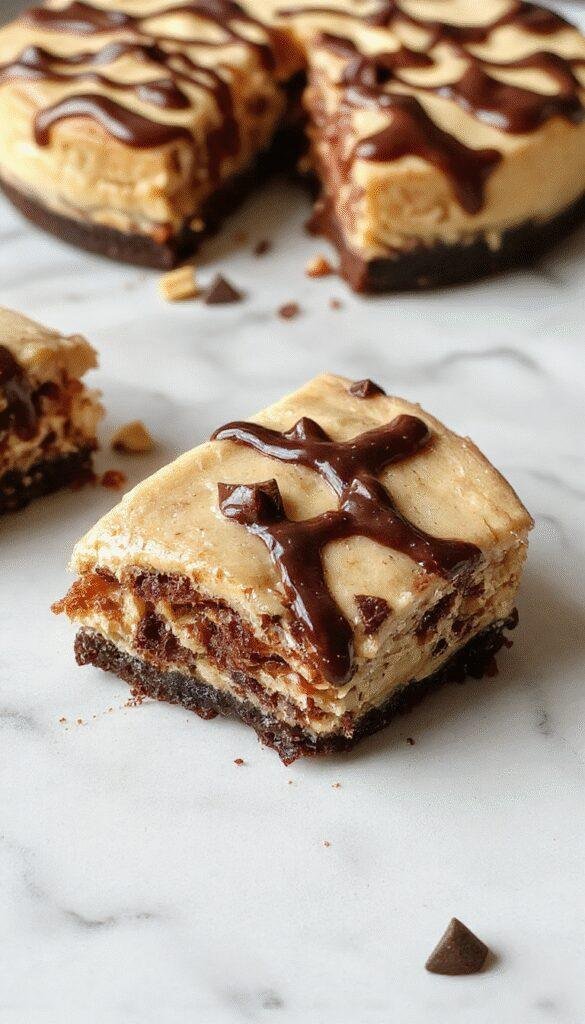 A layered cheesecake cake with rich chocolate and creamy peanut butter frosting, topped with chocolate shavings and peanut butter drizzle, plated elegantly on a white cake stand against a rustic wooden background, with a fork beside it revealing its moist, smooth texture.
