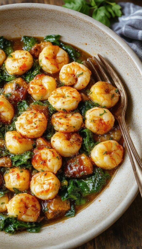 A colorful plate featuring tender shrimp, vibrant spinach, and cheese-filled tortellini all cooked together in a single pan, garnished with herbs.