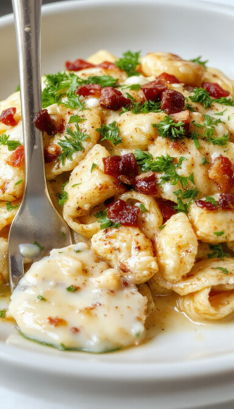 A bowl of creamy chicken bacon ranch pasta topped with crispy bacon and fresh herbs, served on a rustic wooden table.