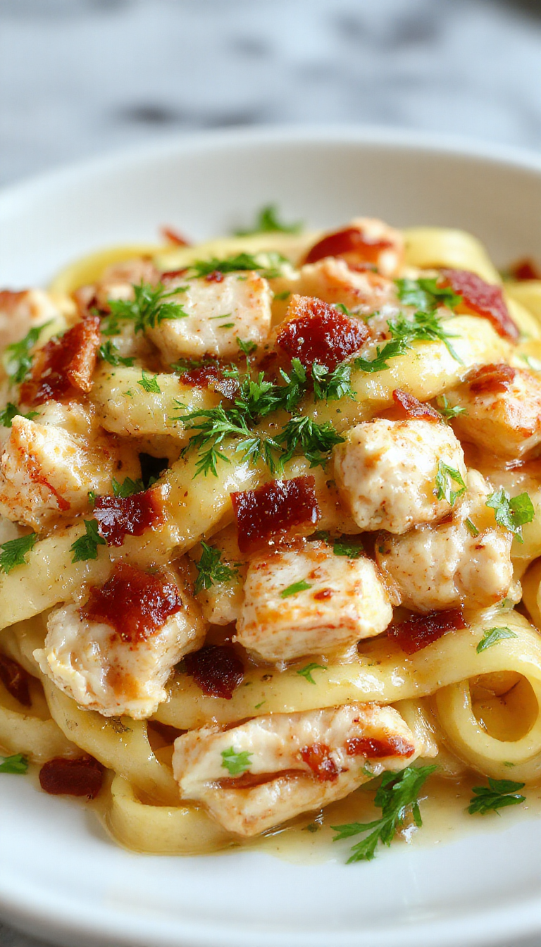 A creamy chicken bacon ranch pasta dish topped with fresh herbs, showcasing tender chicken pieces, crispy bacon, and rich sauce on a white plate.