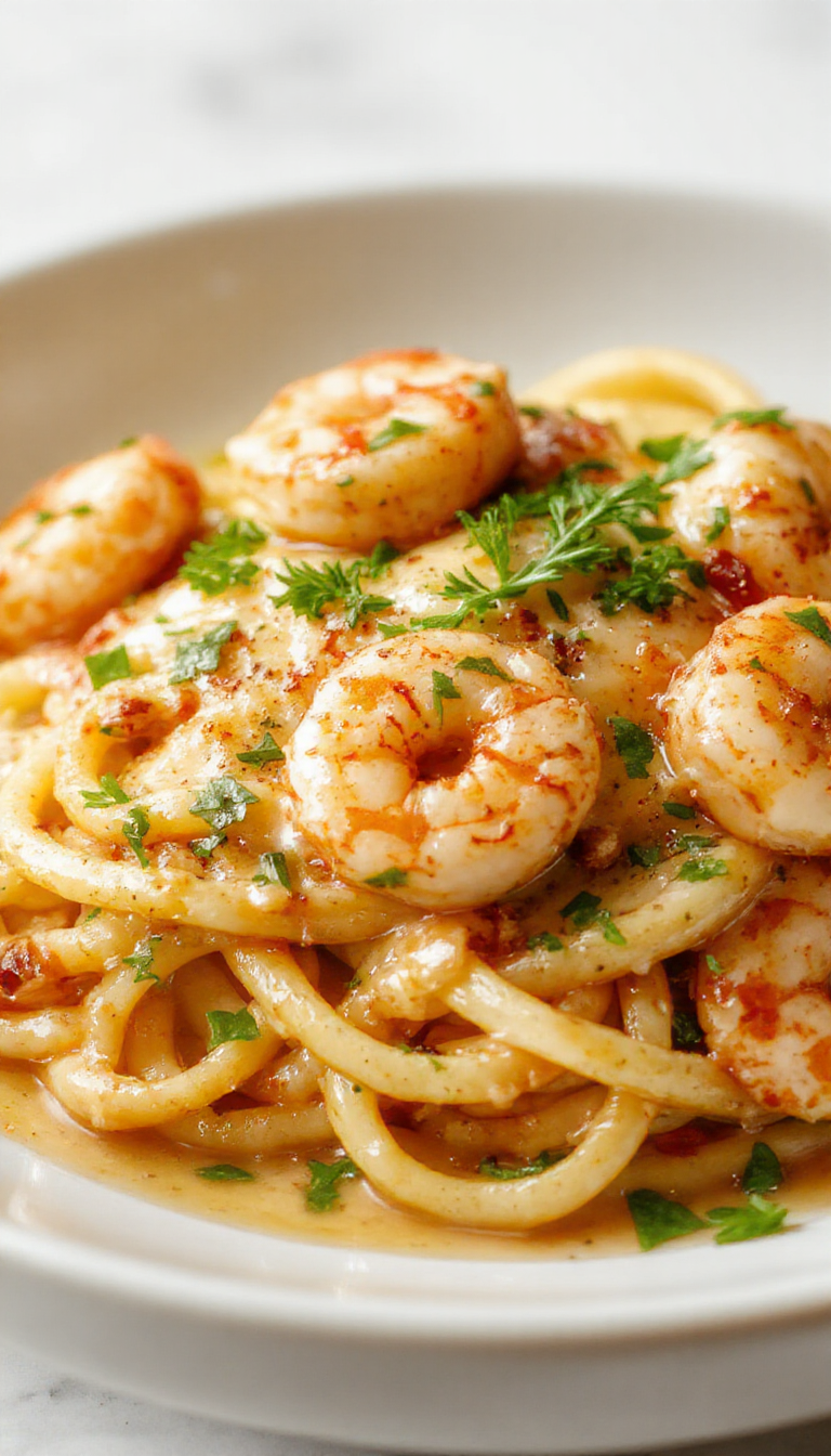 A delicious plate of creamy garlic shrimp pasta garnished with fresh herbs, showcasing tender shrimp and rich sauce in a white ceramic dish.