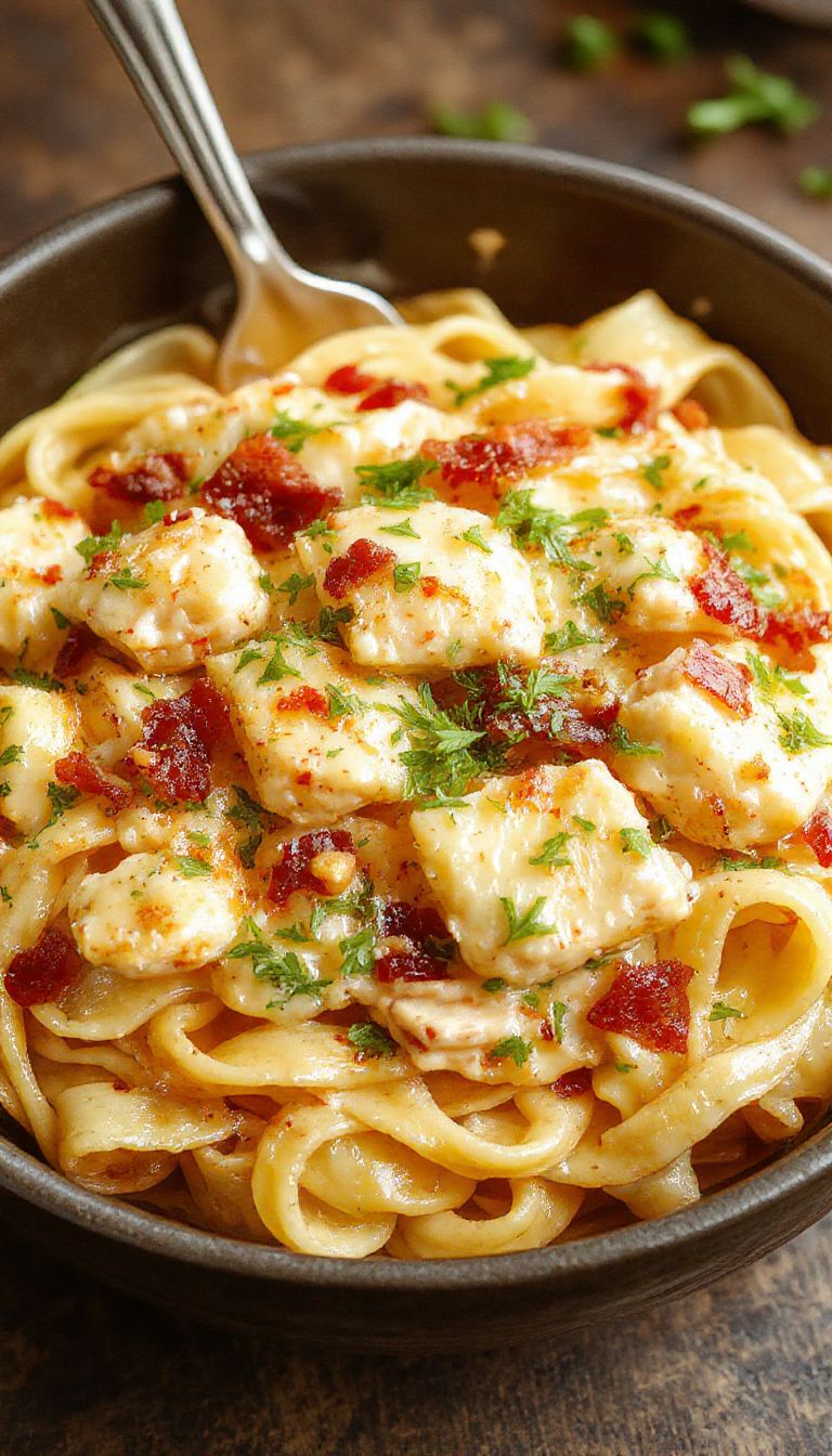 Creamy ranch chicken and bacon pasta served on a plate, garnished with fresh herbs, showcasing a rich and flavorful dinner.