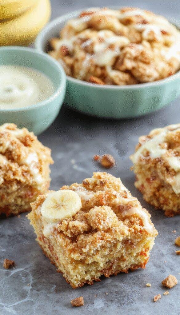 A slice of fluffy banana crumb cake topped with golden crumb topping and fresh banana slices on a white plate.