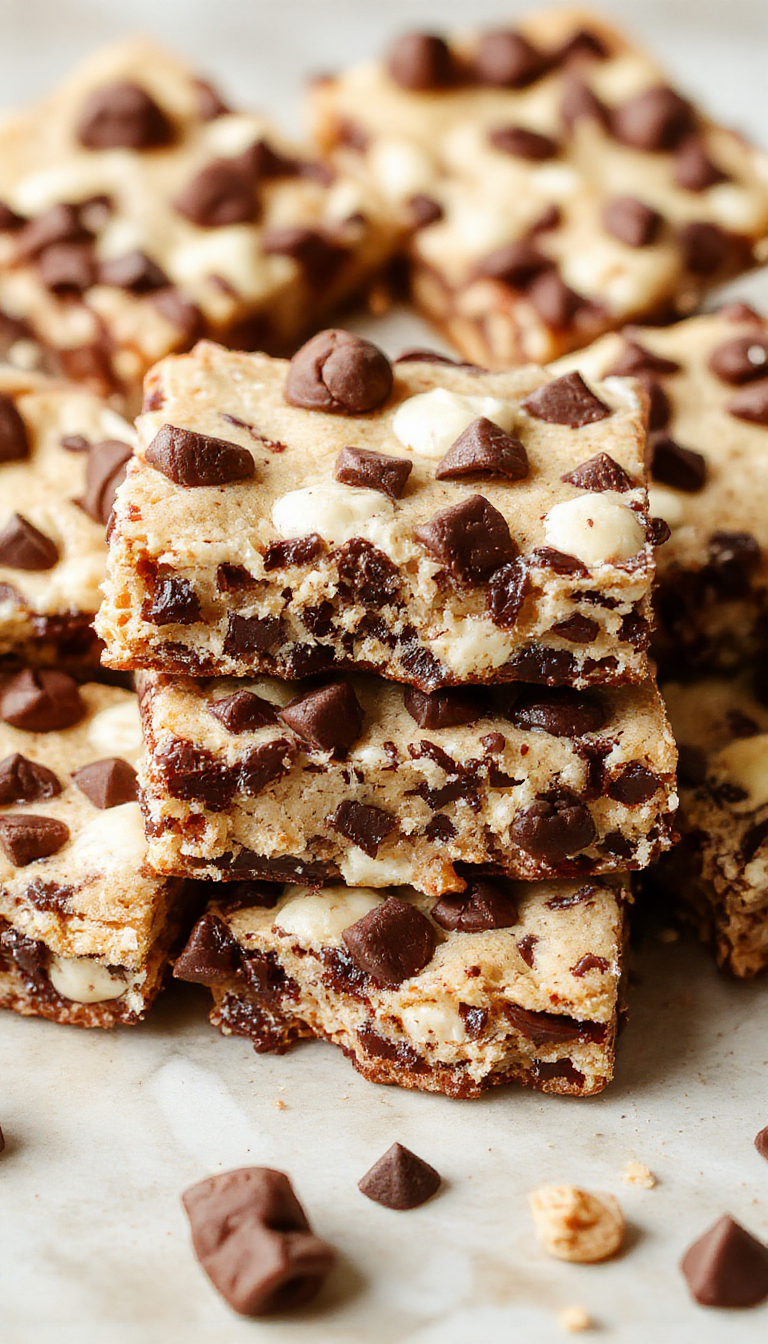 A close-up of creamy, crumbly vegan cookie dough bars with chocolate drizzle on top, displayed on a rustic wooden plate.