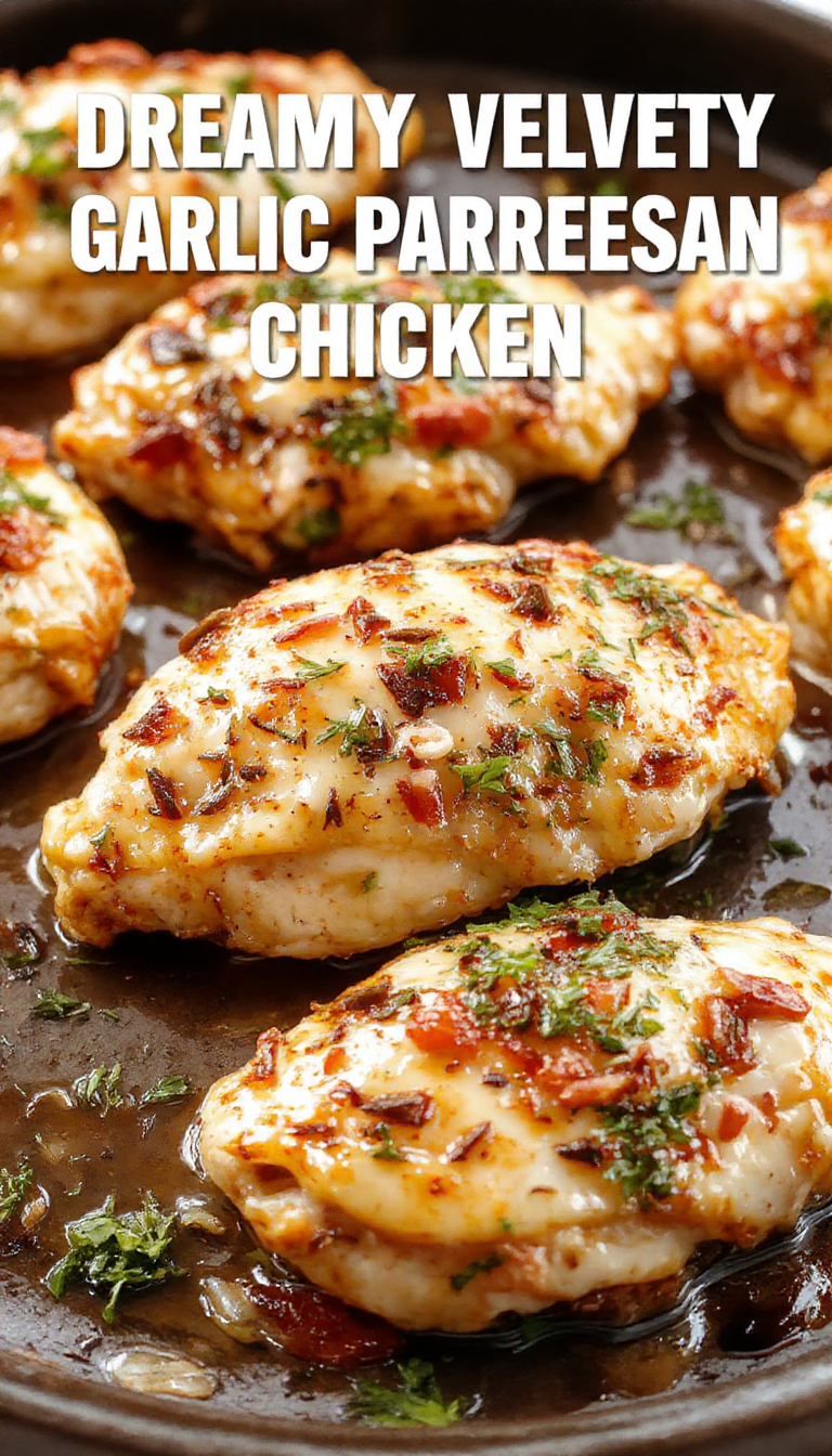 A plate of Dreamy Velvety Garlic Parmesan Chicken garnished with fresh herbs, served alongside steamed vegetables and fluffy mashed potatoes.