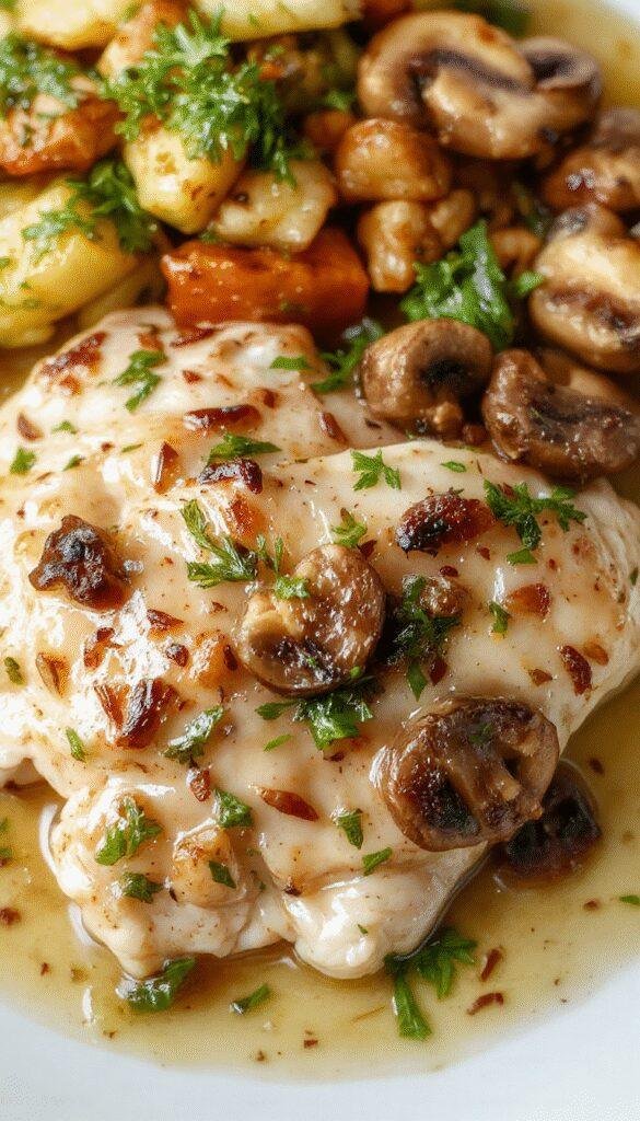 A plate of creamy, velvety mushroom chicken garnished with fresh herbs, served alongside steamed vegetables and rice.