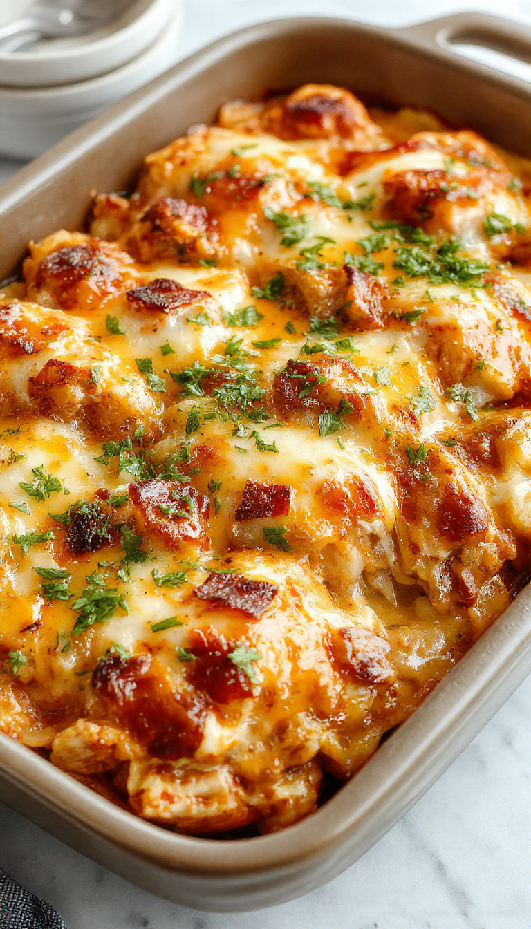 A savory chicken enchilada bake featured on a baking dish, topped with melted cheese and fresh cilantro, ready to serve on a cozy dinner table.
