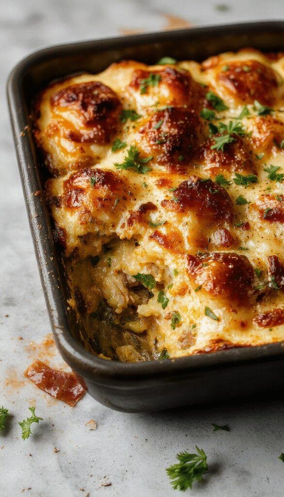 A hearty hobo casserole served in a rustic dish with colorful vegetables and melted cheese on top.