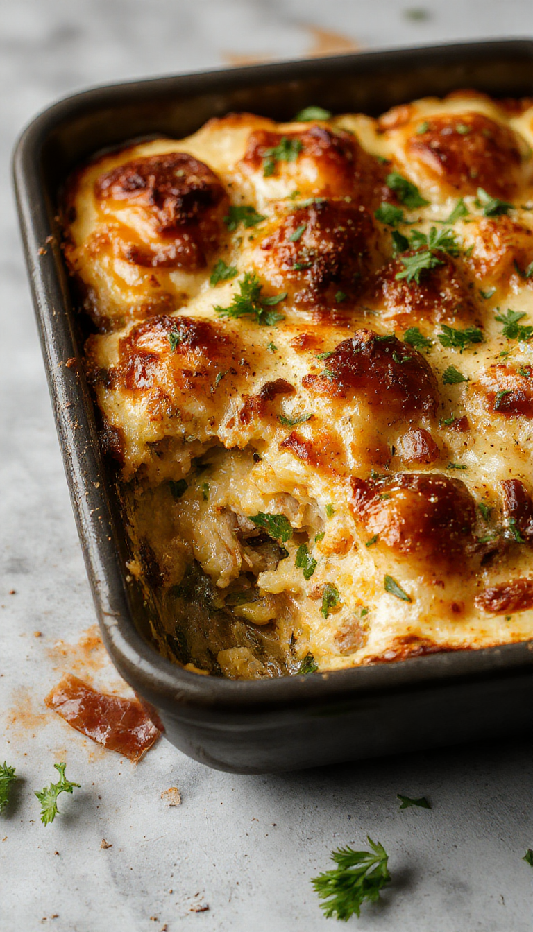 A hearty hobo casserole served in a rustic dish with colorful vegetables and melted cheese on top.