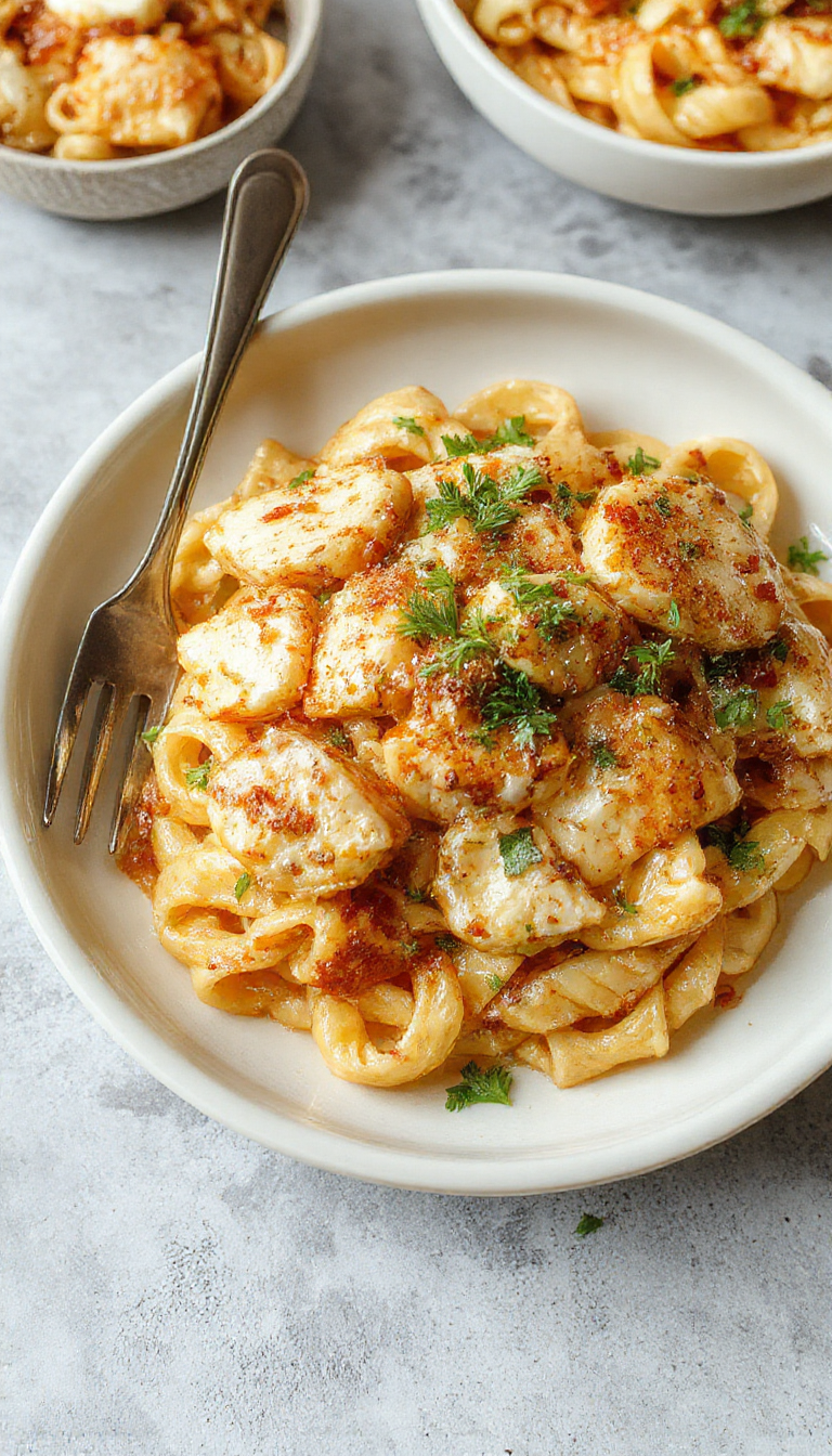 A plate of Honey Pepper Chicken Pasta garnished with fresh herbs, showcasing tender chicken pieces, spiral pasta, and a glossy honey pepper sauce.