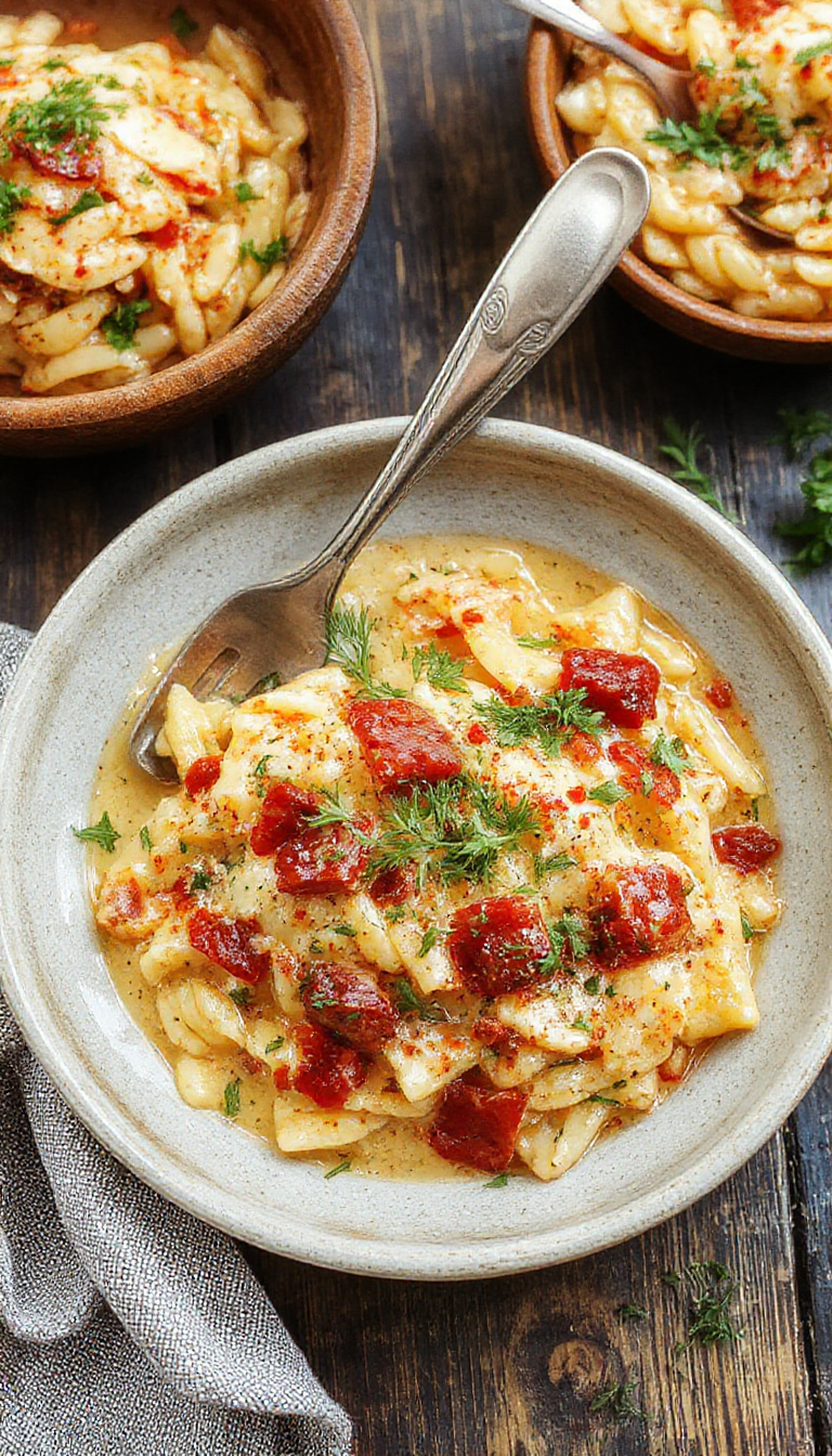 A bowl of cooked orzo pasta garnished with fresh herbs and cherry tomatoes, served on a stylish plate for an elegant weeknight meal.