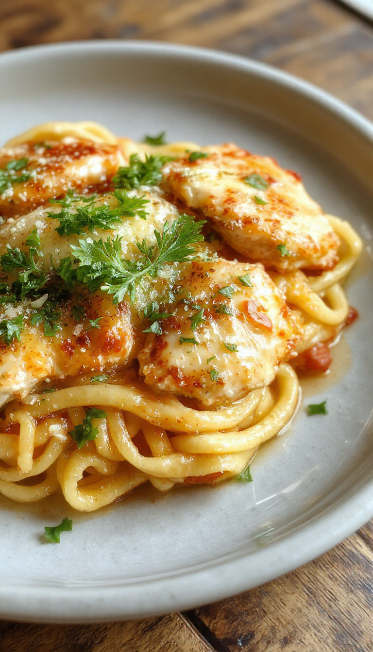 A plate of creamy Parmesan chicken pasta garnished with fresh herbs, served alongside a side salad on a rustic wooden table.