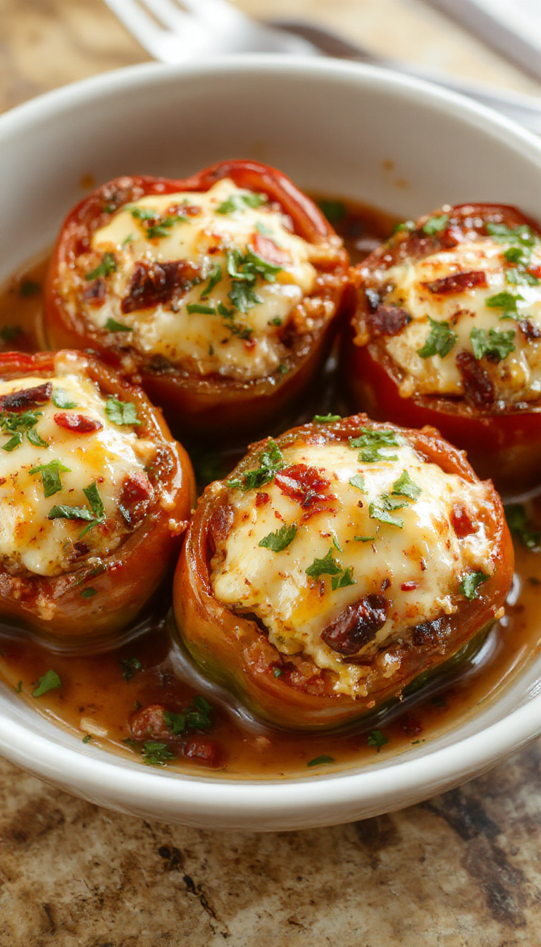 Colorful stuffed bell peppers filled with flavorful rice and vegetables on a white plate