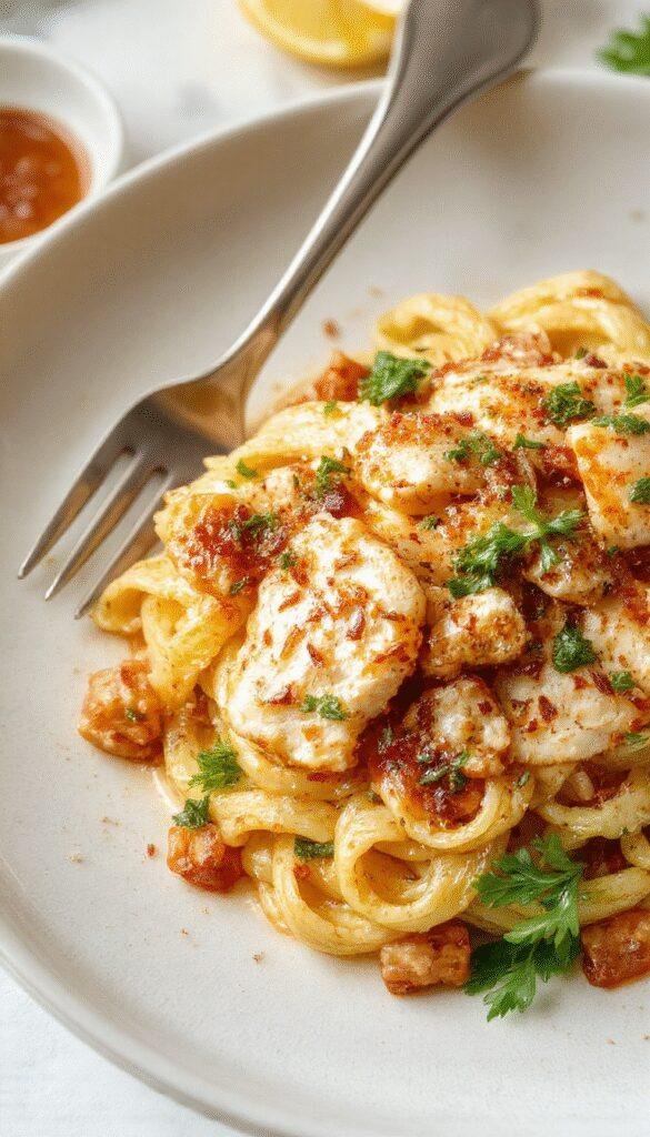 A vibrant plate of zesty honey pepper chicken pasta garnished with fresh herbs, showcasing a colorful meal with tender chicken pieces, pasta, and a glossy sauce.