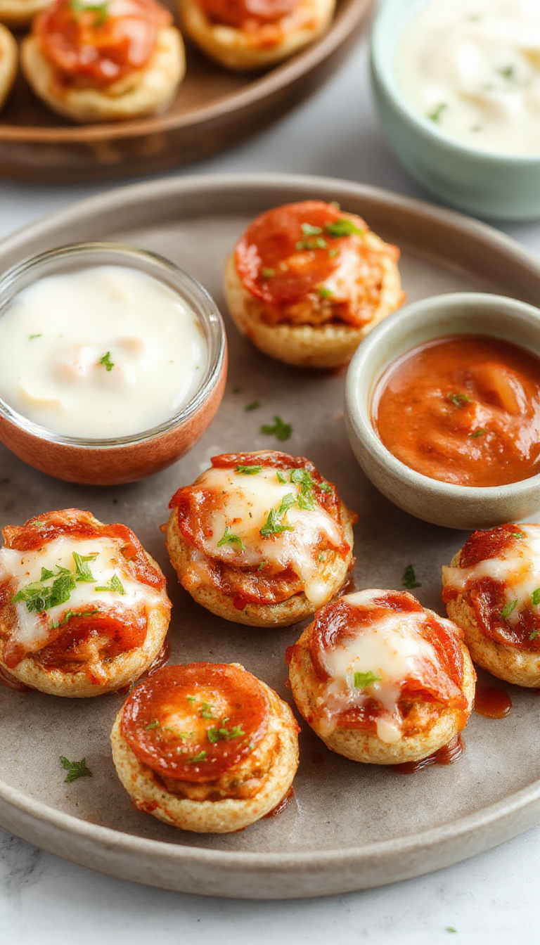Close-up of bite-sized pepperoni pizza bites topped with melted cheese and fresh herbs on a rustic plate.