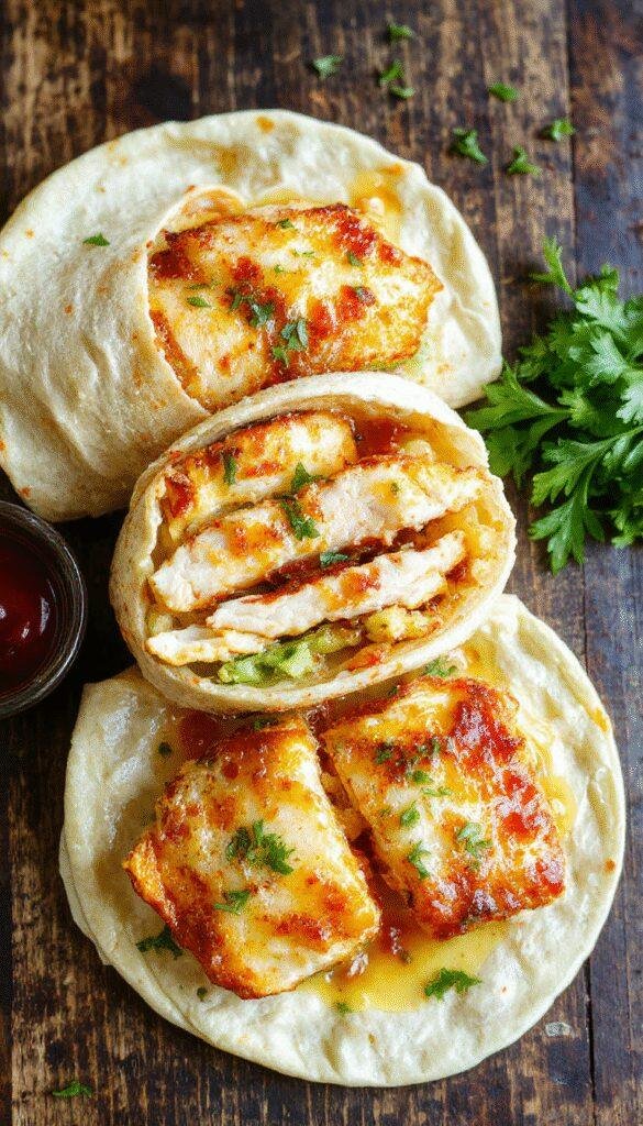 Close-up of flavorful cheesy garlic chicken wraps sliced open to reveal juicy chicken, melted cheese, and fresh greens inside a golden tortilla.