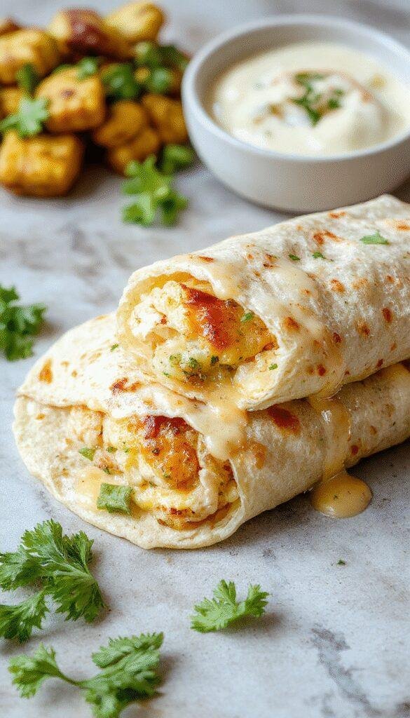 Close-up of cheesy garlic chicken wraps cut in half, showing tender chicken, melted cheese, fresh lettuce, and garlic sauce inside warm tortilla wraps.