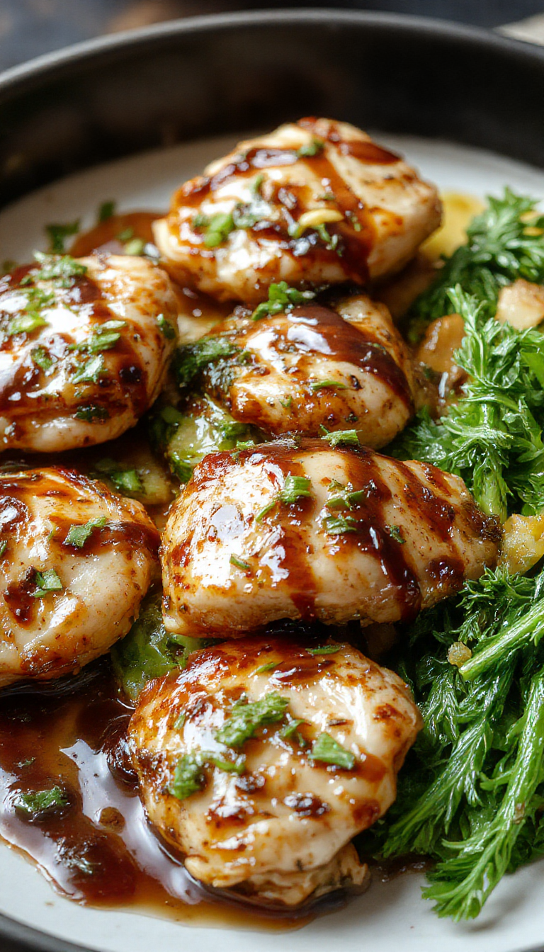 A plate of flavorful balsamic chicken garnished with fresh herbs, served with roasted vegetables on a rustic wooden table.
