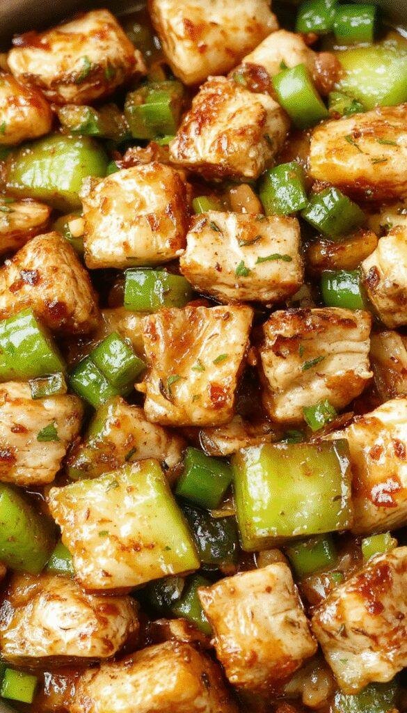 Colorful stir-fry featuring sliced turkey, red and green peppers, and fresh vegetables in a savory sauce served in a wok.