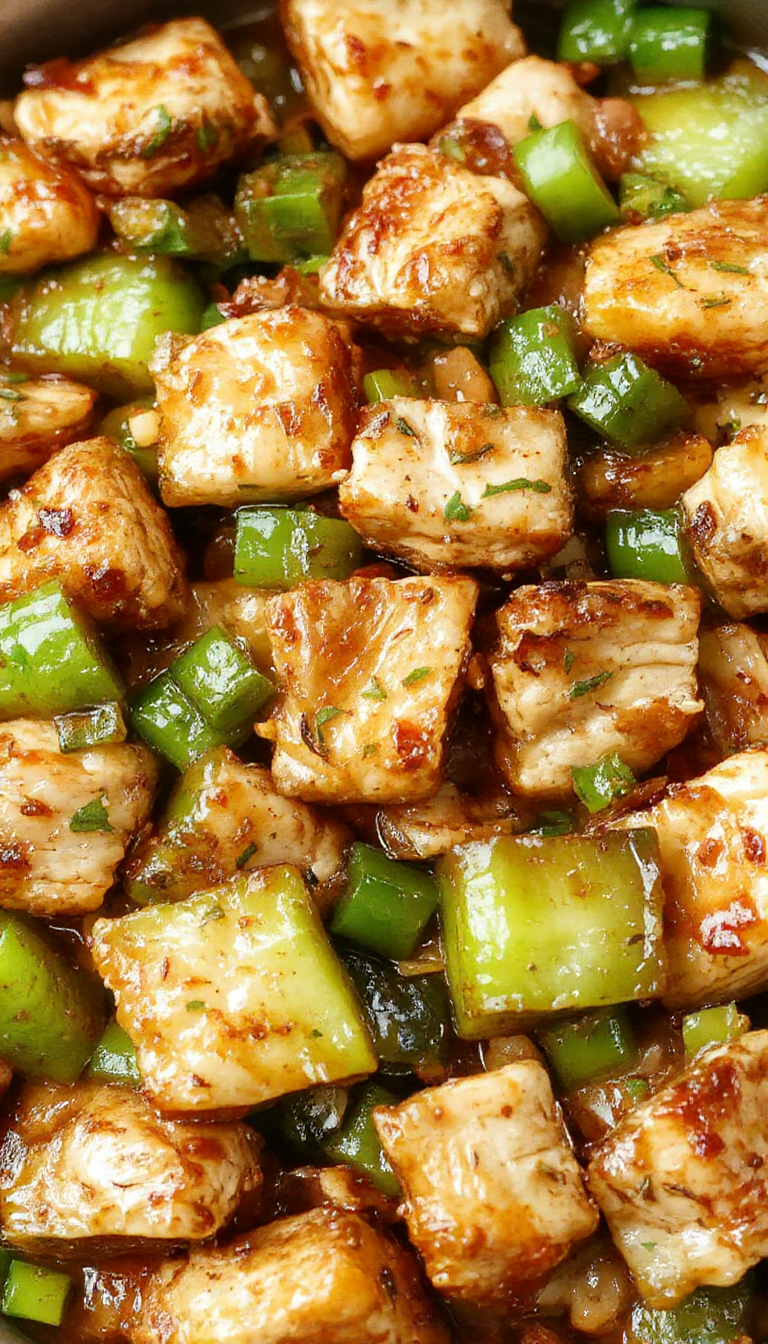 Colorful stir-fry featuring sliced turkey, red and green peppers, and fresh vegetables in a savory sauce served in a wok.