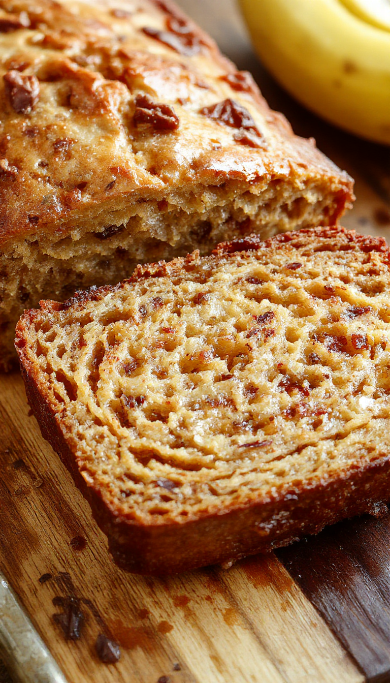 A freshly baked banana bread loaf in a rustic kitchen setting, sliced to reveal its moist, fluffy interior with ripe banana chunks.