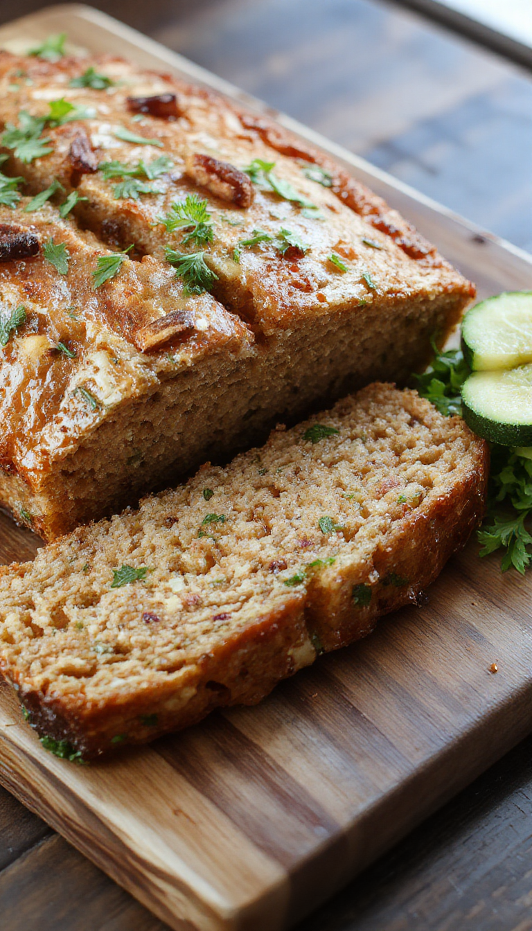 Slices of freshly baked Garden Goodness Zucchini Loaf on a rustic wooden table, showcasing its golden crust and moist, green-speckled interior.