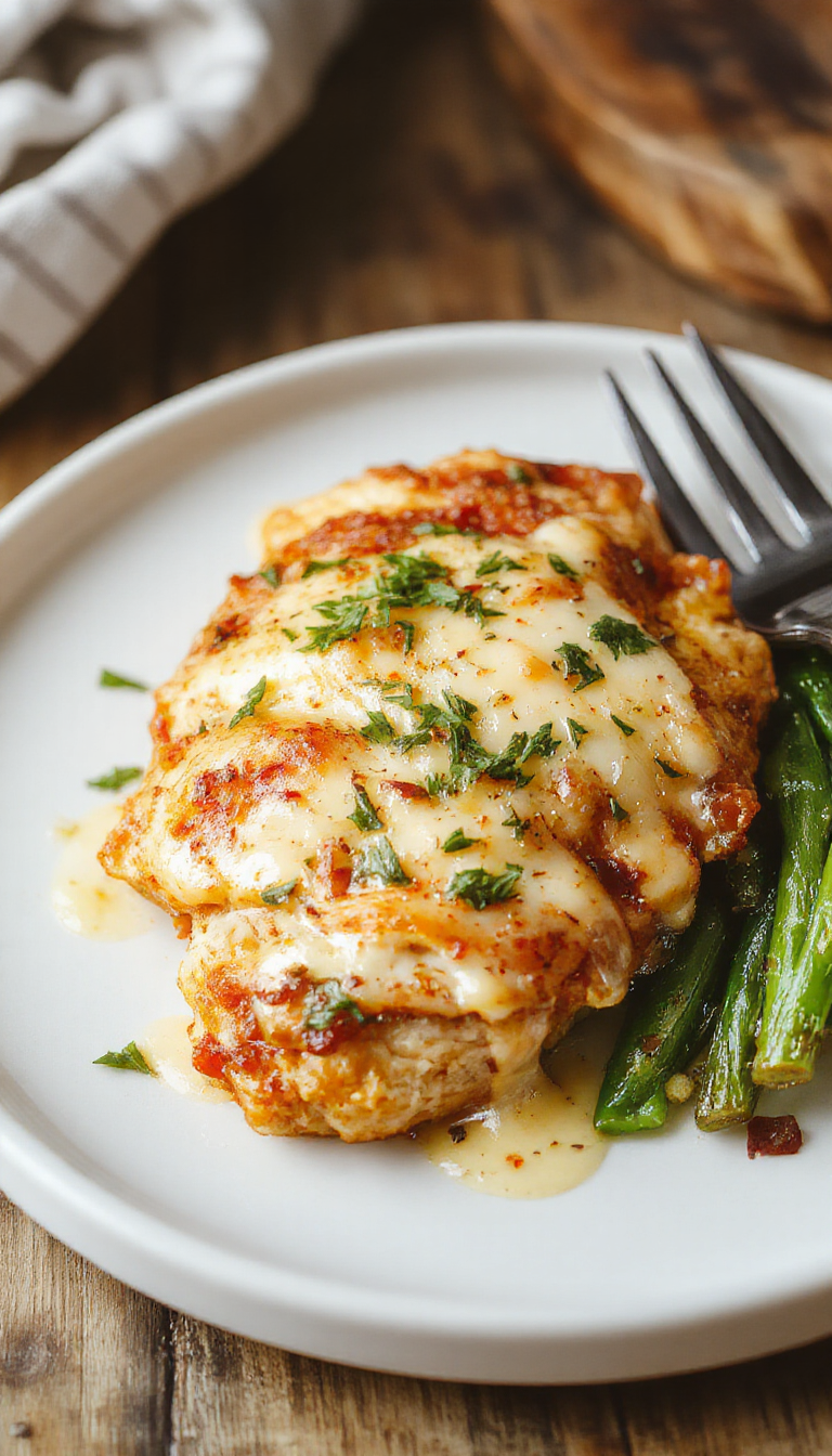 A golden baked chicken parmesan topped with melted cheese and fresh basil, served with a side of spaghetti on a rustic plate.