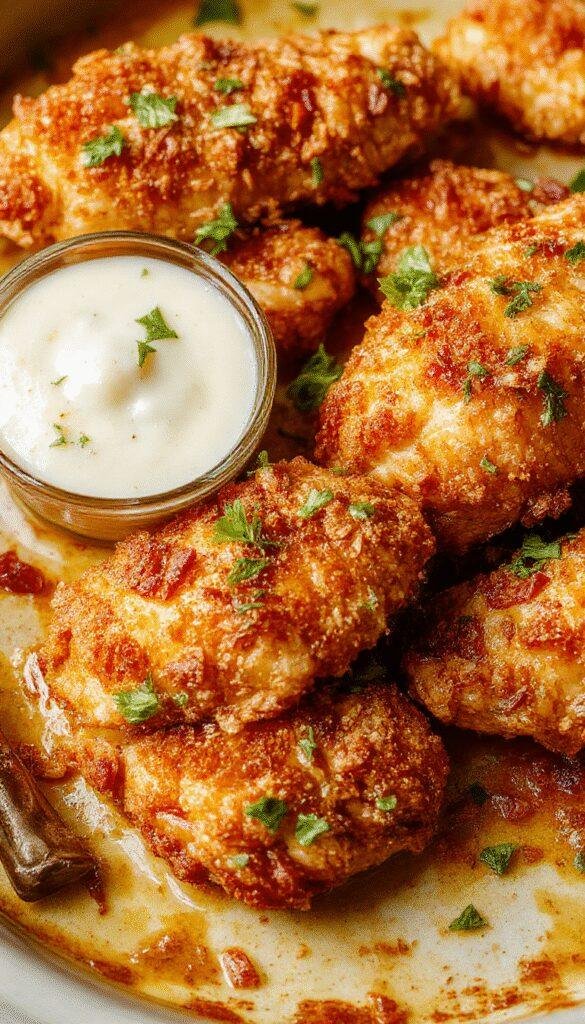 Golden baked crispy chicken strips on a plate, garnished with herbs and dipping sauce, showcasing a crunchy texture and inviting appearance.