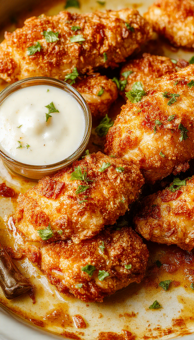 Golden baked crispy chicken strips on a plate, garnished with herbs and dipping sauce, showcasing a crunchy texture and inviting appearance.