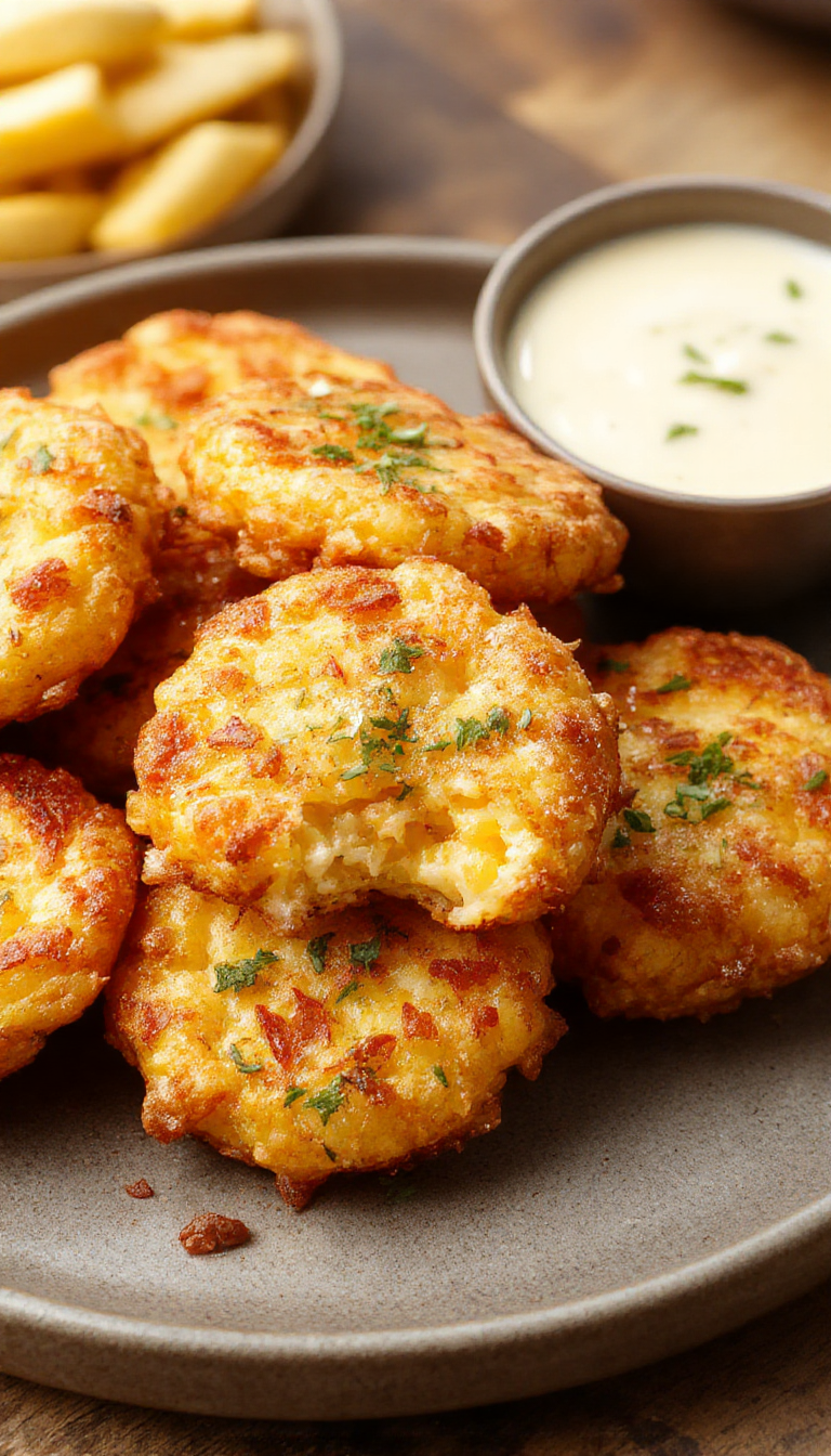 Golden crispy cheesy corn fritters served on a rustic plate, garnished with fresh herbs, showcasing their crunchy exterior and gooey cheesy center.