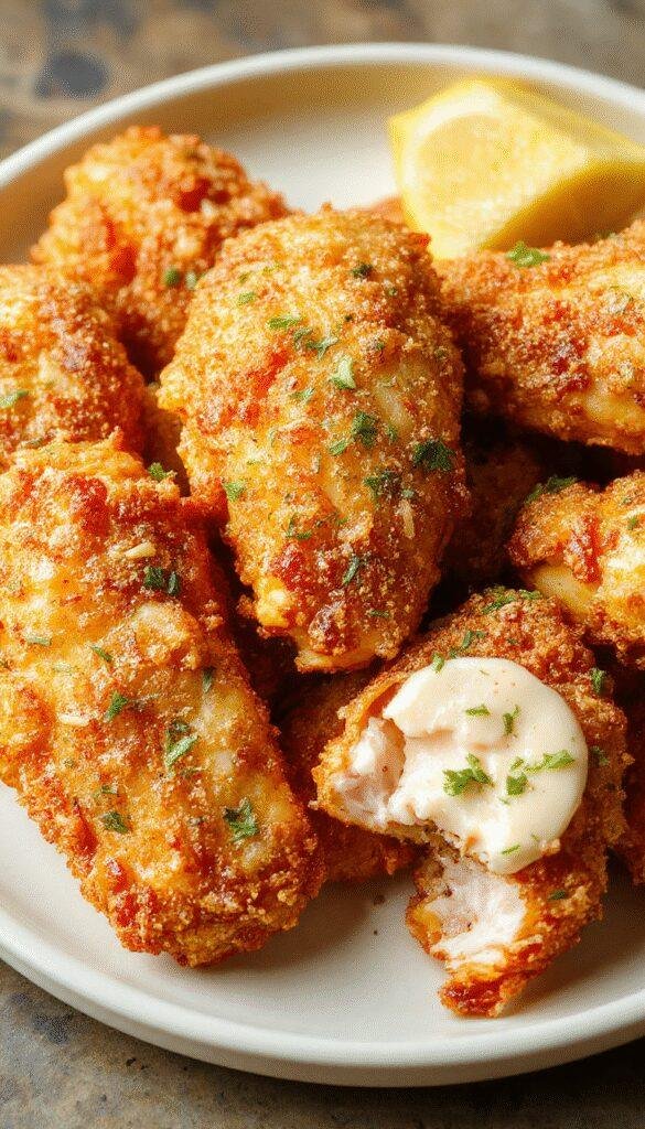 Golden crispy chicken tenders arranged on a plate with dipping sauces and a side of fresh vegetables, steaming hot and perfectly breaded.