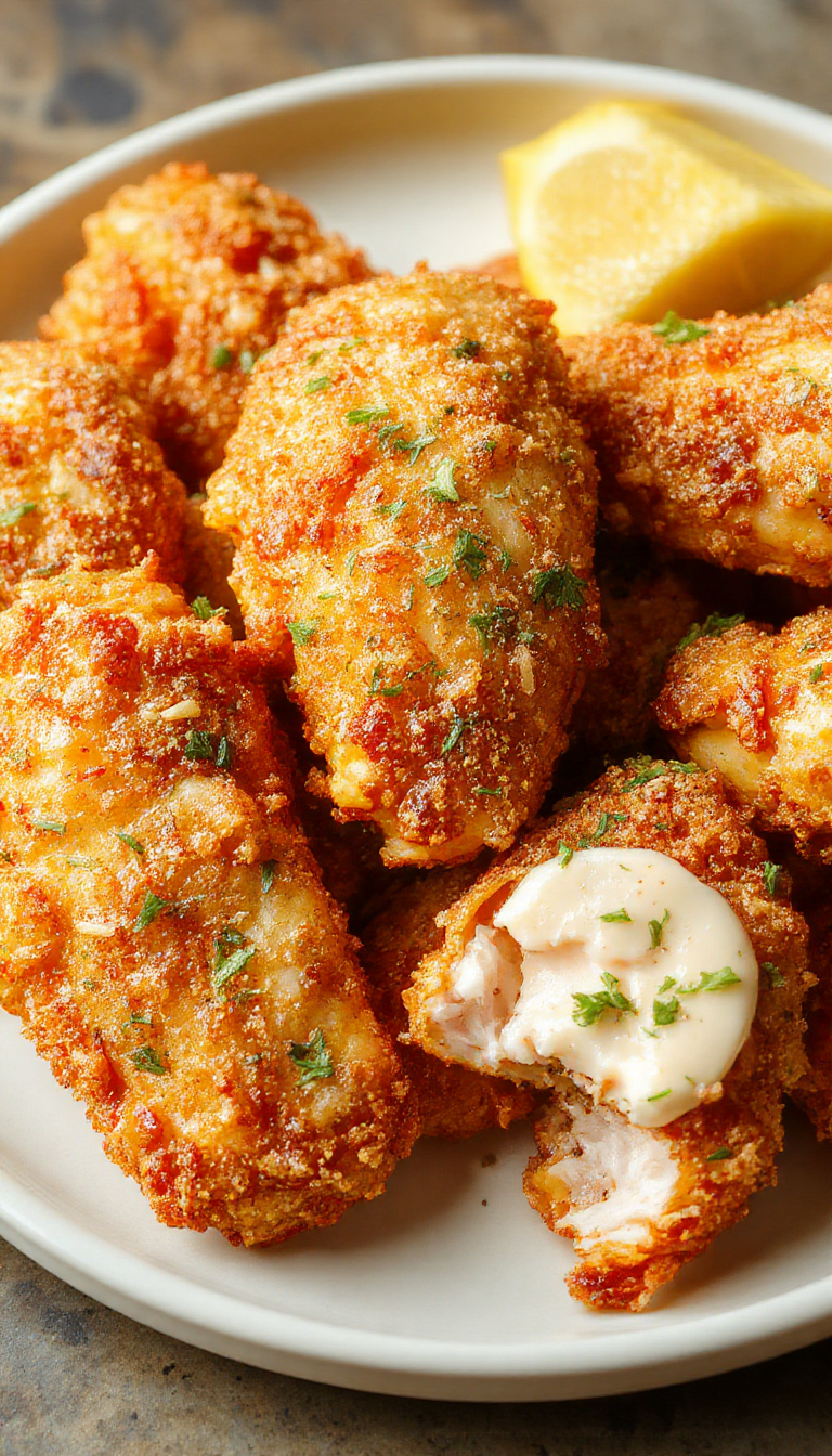 Golden crispy chicken tenders arranged on a plate with dipping sauces and a side of fresh vegetables, steaming hot and perfectly breaded.