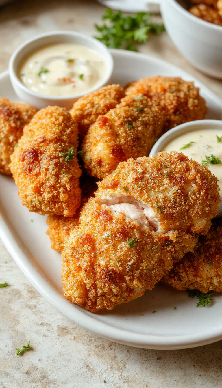 Golden crispy chicken tenders arranged on a plate with fresh dipping sauces and garnishes, showcasing their crunchy texture.