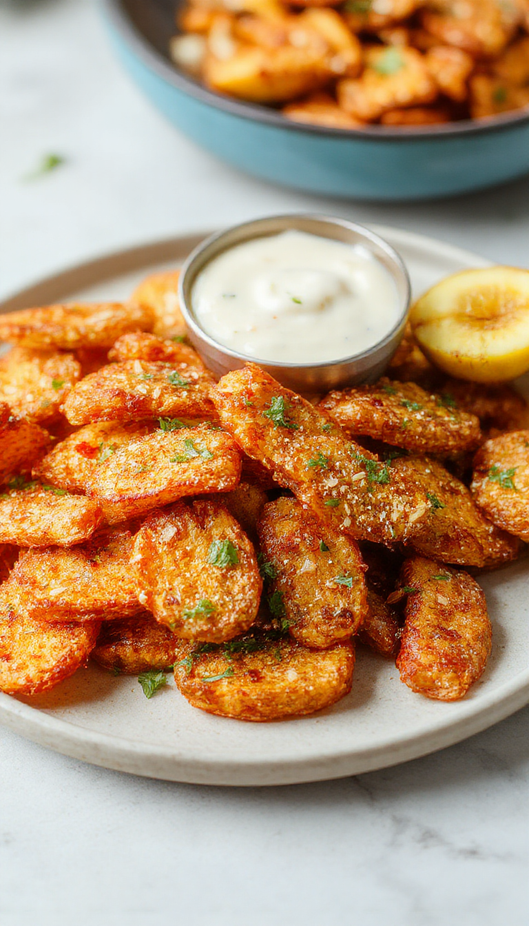Golden crispy sweet potato fries served on a rustic wooden plate with a side of dipping sauce, garnished with fresh herbs.