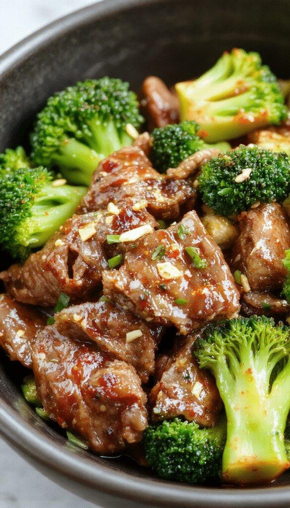 A vibrant plate of Golden Honey Garlic Beef & Broccoli Stir-Fry showing tender beef slices, bright green broccoli, and a glossy honey garlic sauce