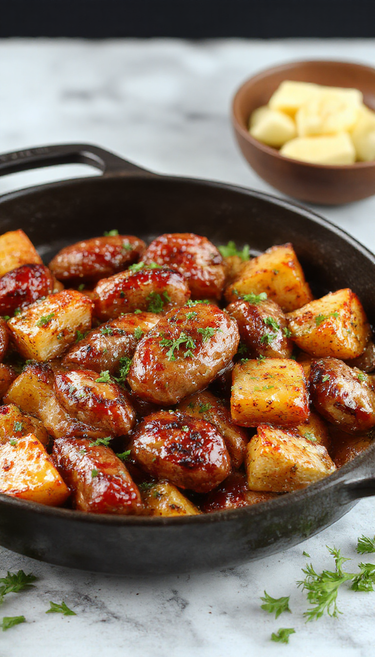 A steaming skillet featuring golden honey garlic sausages alongside roasted sweet potatoes garnished with fresh herbs