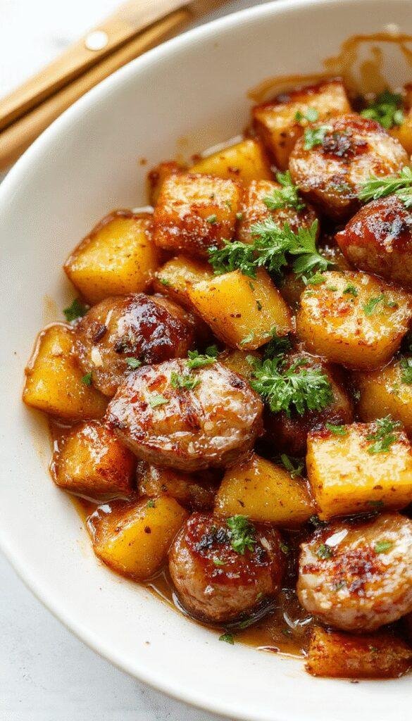 A close-up image of a sizzling skillet featuring golden honey garlic sausage alongside roasted sweet potatoes, garnished with fresh herbs.