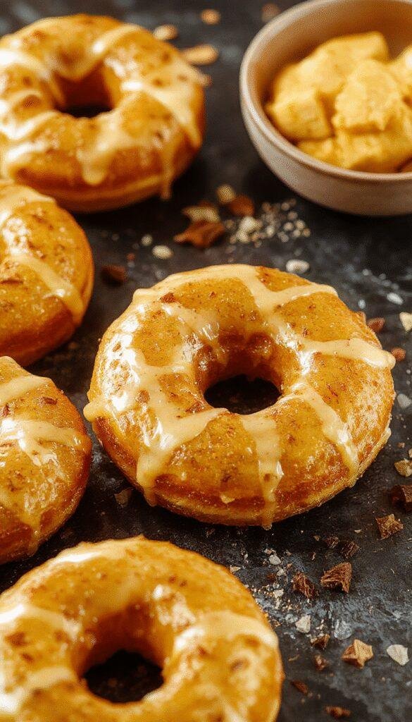 Golden Maple Pumpkin Donuts arranged on a rustic plate with a drizzle of maple glaze and a sprinkle of cinnamon, surrounded by autumn leaves.