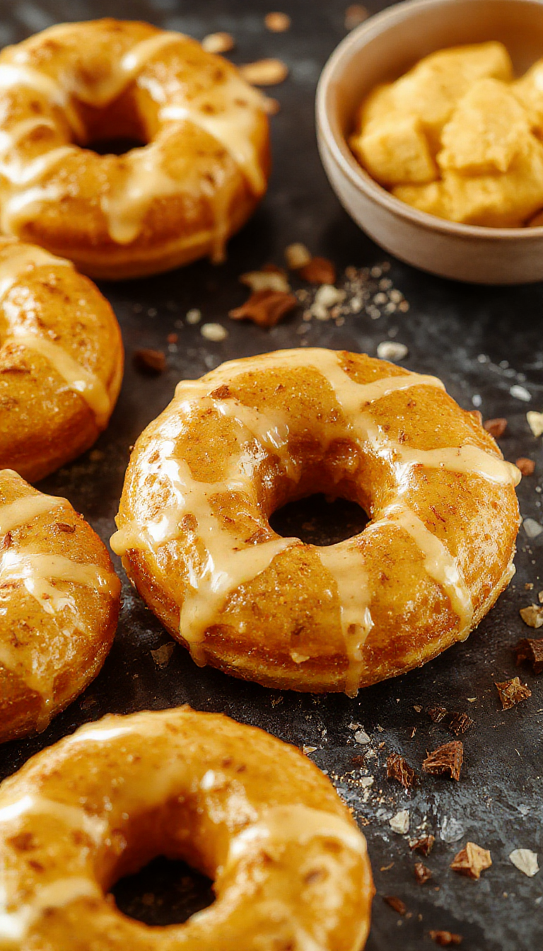 Golden Maple Pumpkin Donuts arranged on a rustic plate with a drizzle of maple glaze and a sprinkle of cinnamon, surrounded by autumn leaves.