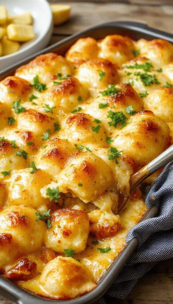 A golden, cheesy Tater Tot bake in a baking dish topped with melted cheese and fresh herbs, steaming and ready to serve.