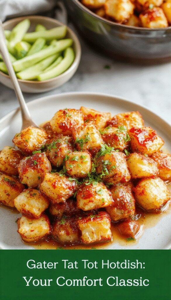 A serving of Golden Tater Tot Hotdish in a rustic casserole dish, topped with crispy tater tots and melted cheese, garnished with fresh herbs.