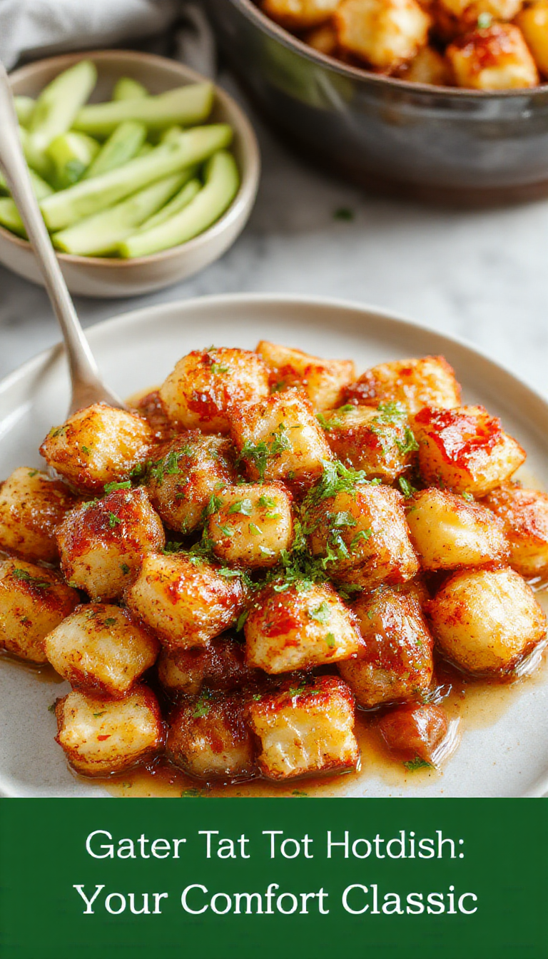 A serving of Golden Tater Tot Hotdish in a rustic casserole dish, topped with crispy tater tots and melted cheese, garnished with fresh herbs.