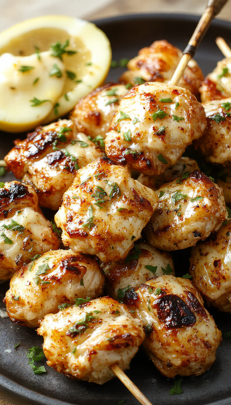 Colorful grilled garlic parmesan chicken skewers garnished with fresh herbs and served on a summer outdoor table