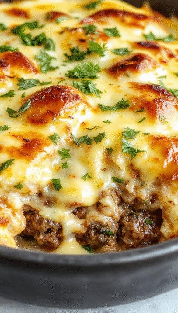 A delicious guilt-free cheeseburger bake served in a baking dish, showcasing layers of seasoned ground meat, melted cheese, and fresh toppings.