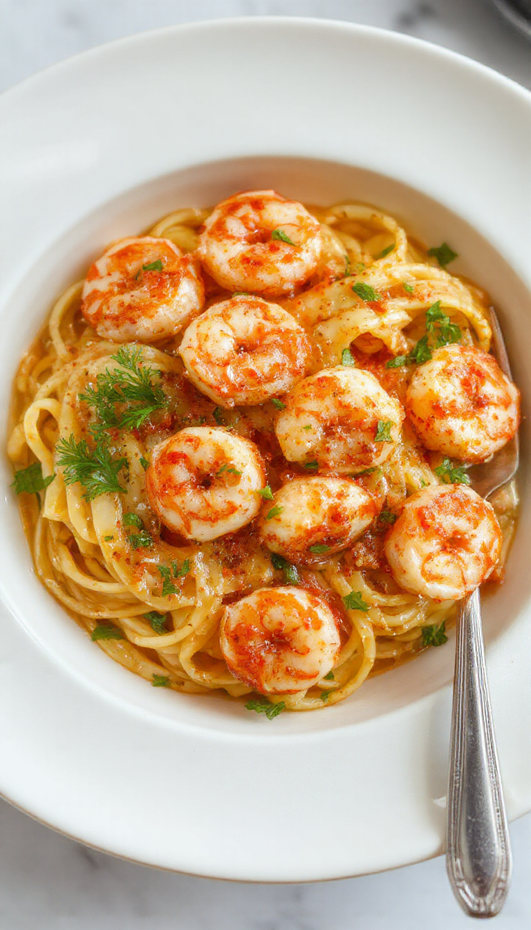A plate of Heart-Warming Garlic Shrimp Pasta garnished with fresh herbs, showcasing tender shrimp and flavorful garlic sauce on al dente pasta.