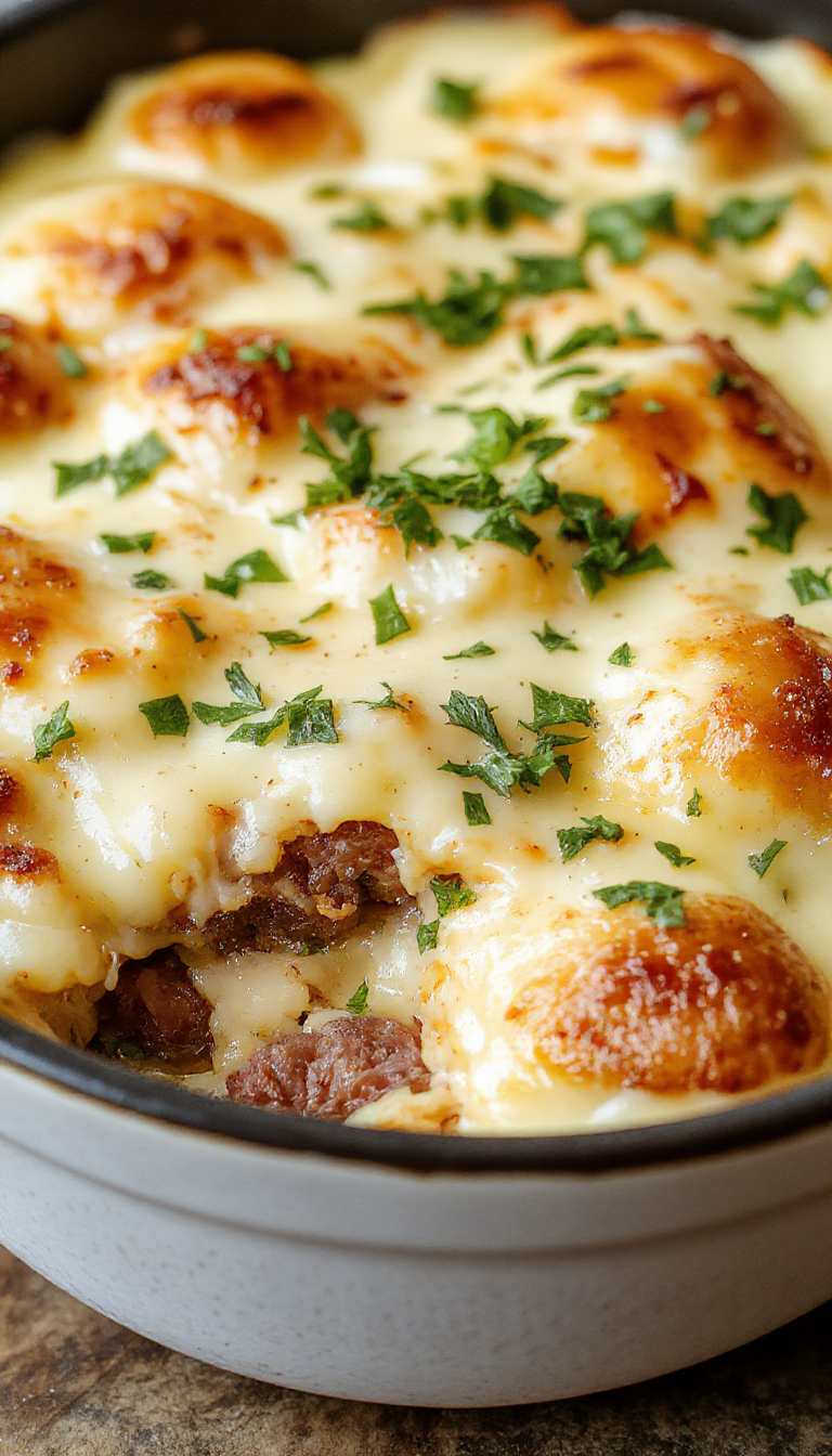 A sizzling baking dish filled with smoky sausage slices, melted cheese, and ranch seasoning layered on top, garnished with fresh herbs.